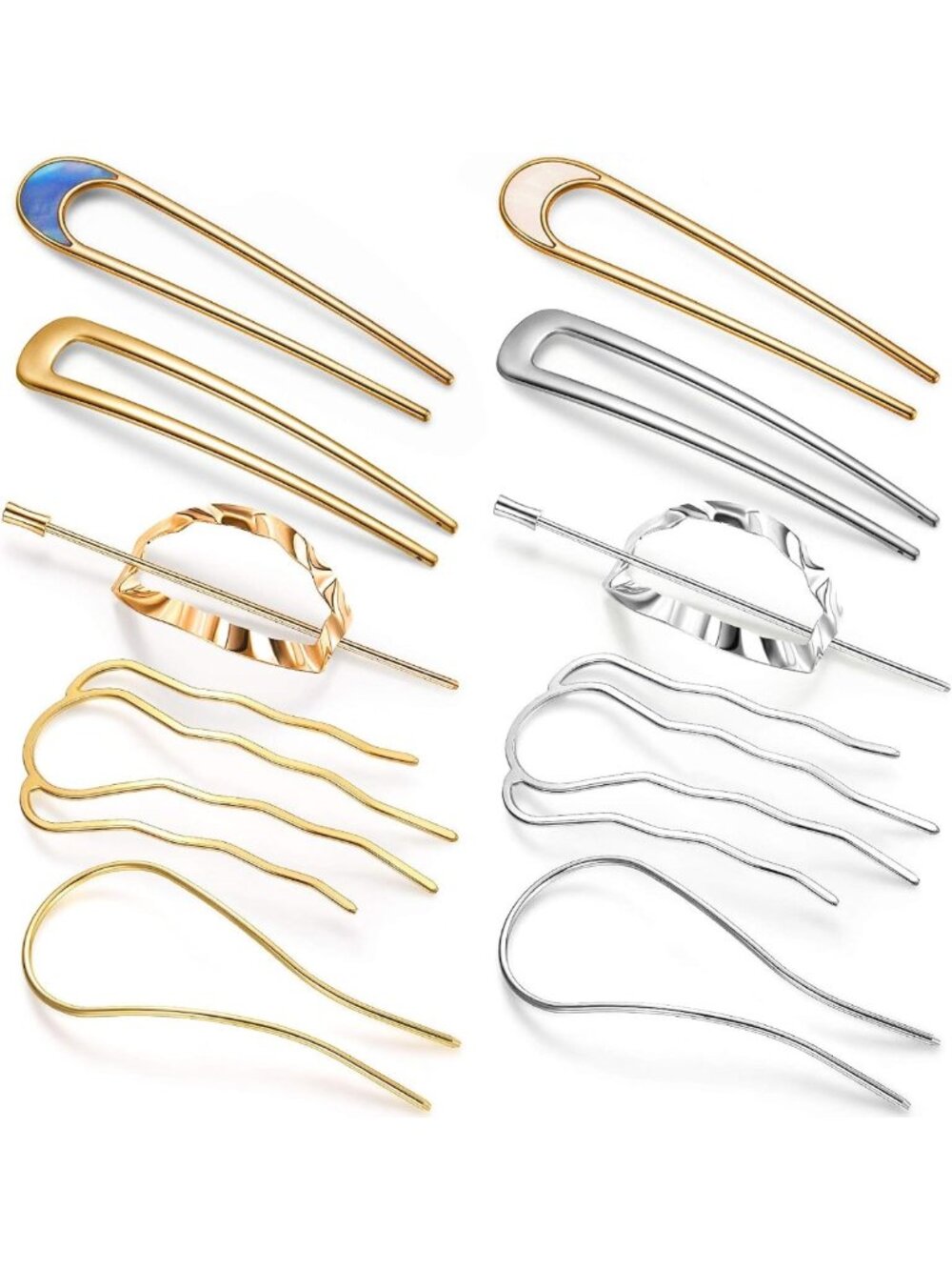 10 Metal U-Shape Oval Hairpins & Bun Sticks - Gold/Silver Hair Accessories for